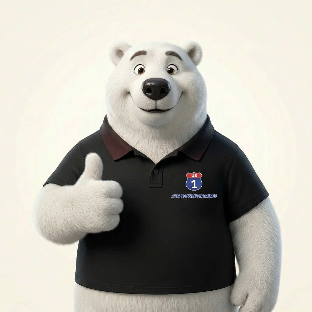 US1 Air polar bear mascot in a red US1 Air polo giving a thumbs up
