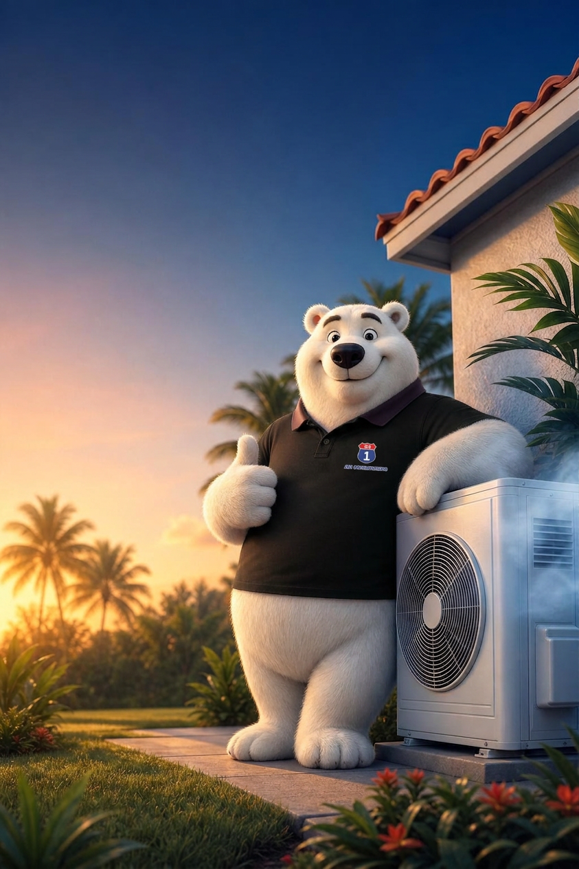 US1 Air Conditioning polar bear mascot next to a residential AC unit at sunset in South Florida